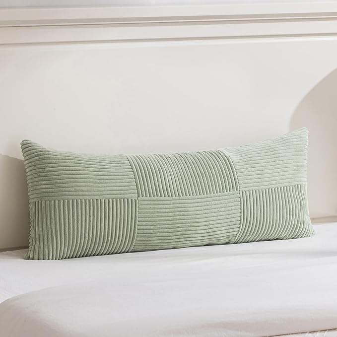 Fancy Homi Set of 1 Sage Green Boho Long Lumbar Body Decorative Throw Pillow Cover 21x54 Inch for Bed Couch Bedroom Bench, Soft Patchwork Corduroy Textured Pillow Case, Rustic Farmhouse Room Decor