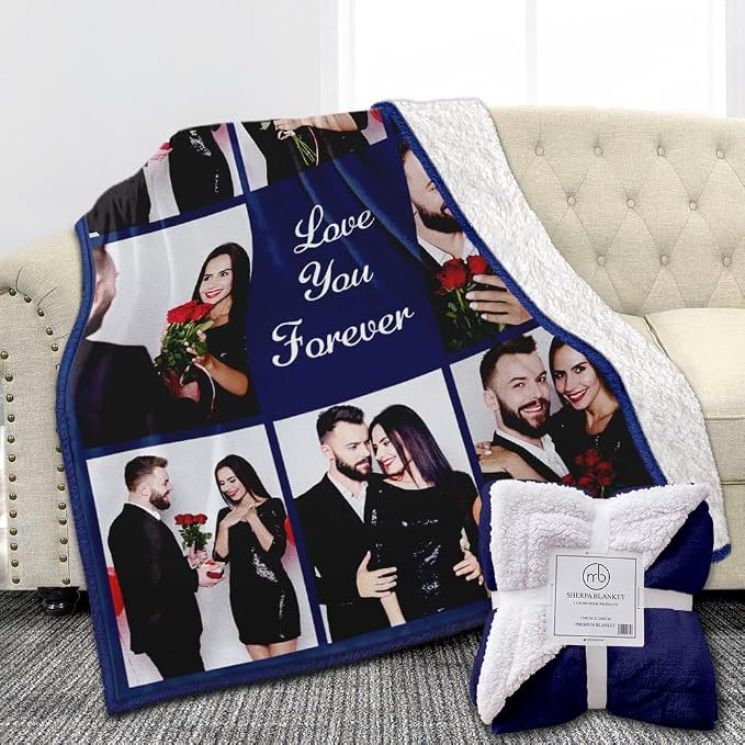 Ships Next Day, Custom Sherpa Fleece Blanket with Photos Text Soft Warm Custom Blanket Personalized Couples Gifts for Boyfriend Girlfriend Customized Picture Blanket Gifts for Christmas Valentines Day