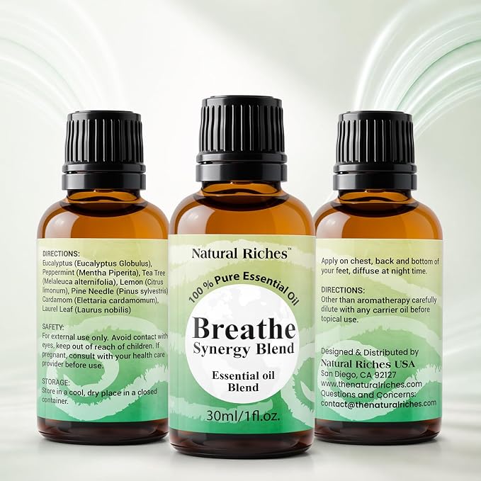 Natural Riches Breathe Essential Oil Blend Breathe Easy with Peppermint Eucalyptus Tea Tree Lemon Cardamom Pine Needle Essential Oils - 2 x 30 ml