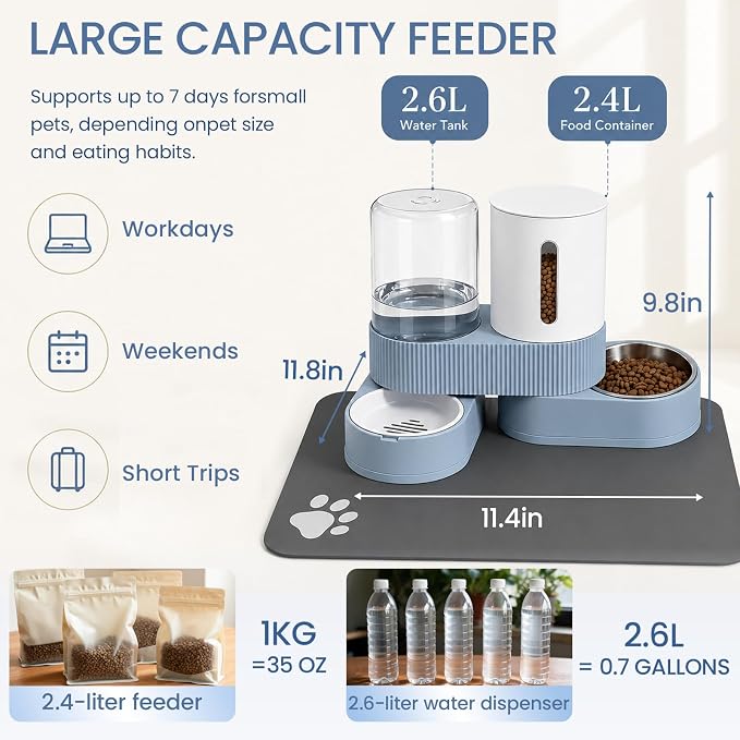 Gravity Cat Feeder and Water Dispenser 2 Pack Automatic Stainless Steel Feeder Bowls with Silicone Mat and Brush Set, Dry Food and Water Dispenser for Cats Small Medium Dogs(Blue)