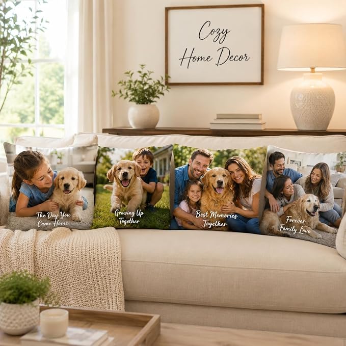Bemaystar Custom Pillow Set of 4, Personalized Photo Pillow Covers with Picture Text, Made in USA, Custom Gifts for Family Pet Couple, Decorative Throw Pillow Gifts for Birthday Christmas (No Insert)