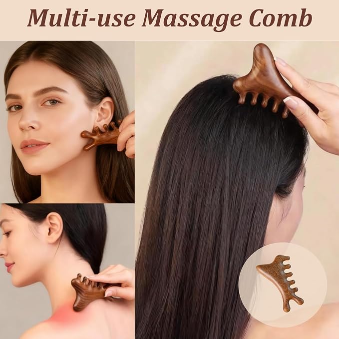 TOMULE 4Pcs Sandalwood Massage Tool Set with Cotton Linen Storage Bag | Cooling Brass Eye Roller, 5-Finger Scalp Massager, Gua Sha Comb, Reduce Puffiness and Relieve Stress
