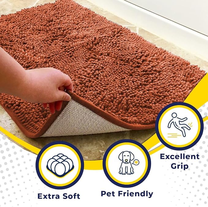 Muddy Mat® | Super Water Absorbent Door Mat Indoor, Microfiber Quick Dry Chenille Entryway Rug, Slip Resistant Front Door Mat, Indoor Mats for Entryway, Machine Washable Pet Rug, Orange XXL 60"X48"