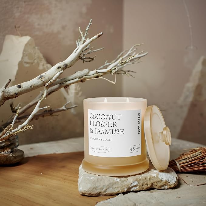 Coconut Flower & Jasmine Scented Candle, 13oz Natural Soy Wax Candle with 2 Wicks, 75 Hour Long Lasting Aromatherapy Candle for Stress Relief, Non Toxic Luxury Candle for Home Decor