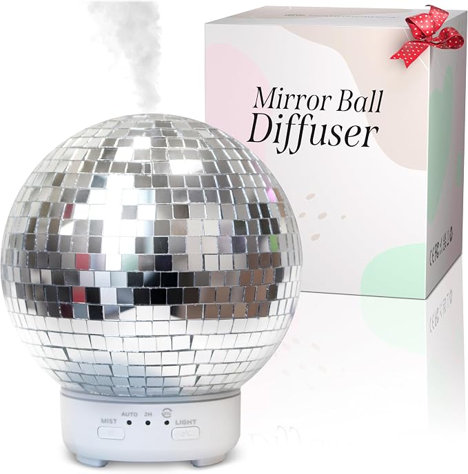 Mirror Ball Diffuser – Cute Essential Oil Diffuser and Humidifier for Home, 2 Timer Modes, Mirror Ball Eclectic & Maximalist Room Decor, Disco Gift
