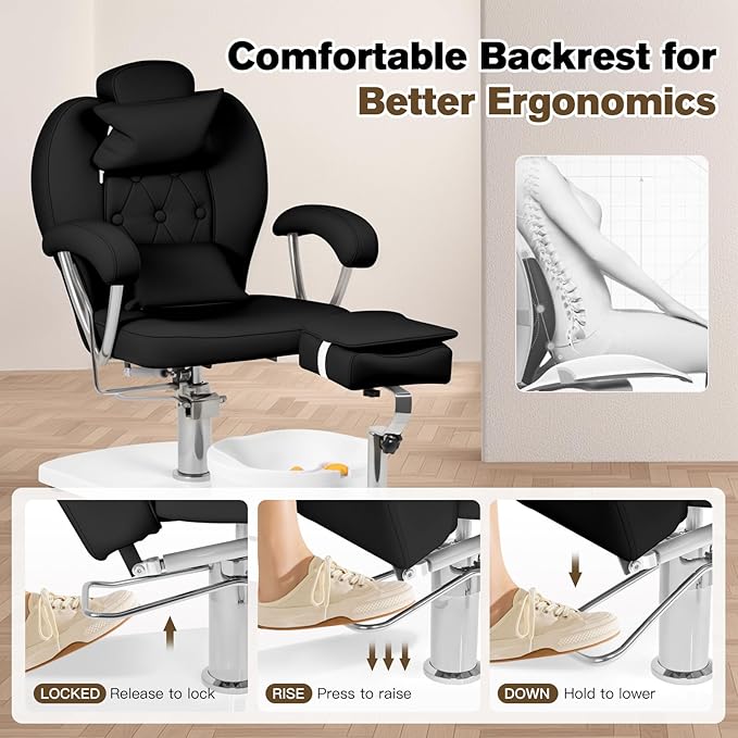Pedicure Chair No Plumbing with Stool & Foot Bath, 360°Swivel Hydraulic Reclining Pedicure Station with Footrest & Ergonomic Headrest for Nail Tech, Spa, Salon (Black)