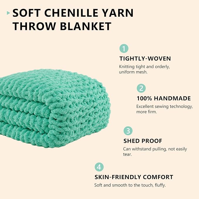 L'AGRATY Chunky Knit Throw Blanket for Couch, 50'' x 60'' Knit Throw, Aqua | Handmade Chenille Crochet Blanket for Sofa Bed, Thick Cable Knitted Blankets for Room Home Decor, Birthday Gift for Women Mom