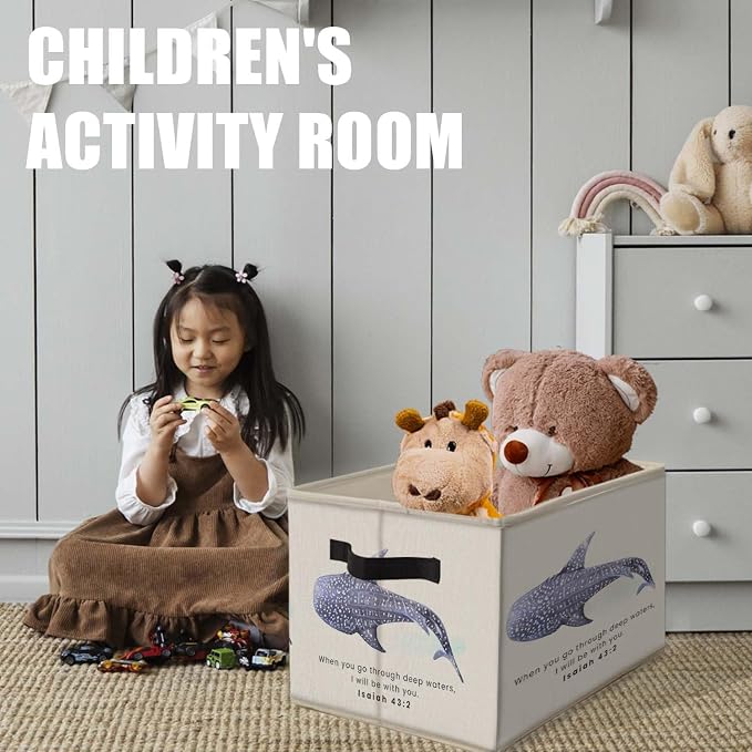 Ocean Whale Shark Christian Storage Bins Basket, Coastal Isaiah 43:2 Bible Verses Collapsible Fabric Storage Box Organizer Toybox for Bedroom Bathroom Clothes Books Toys