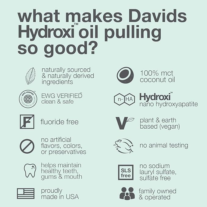 Davids Nano Hydroxyapatite Oil Pulling Oral Rinse Mouthwash, 100% MCT Coconut Oil, Promotes Teeth and Gum Health, Natural Whitening, Essential Oils to Fight Plague & Freshen Breath, Mint Flavor, 9 oz