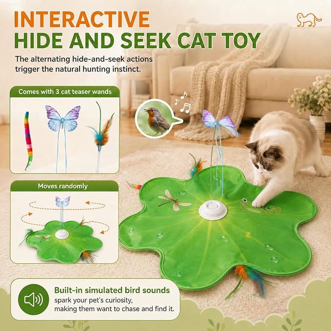 Cat Toy, Interactive Cat Toy, Cat Toys Interactive | Rechargeable Hide and Seek Automatic Kitten Toy with 3 Replaceable Wands, 3 Modes, Realistic Bird Chirp Sounds for Indoor