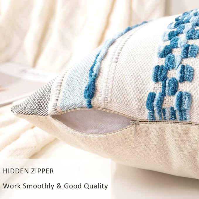 Boho Throw Pillow Covers Decorative Neutral Farmhouse Pillow case | 18x18 Set of 2 Cushion Case Striped Square Pillows Cover Couch Pillow Cases Accent Pillowcase for Sofa Bed,Sky Blue