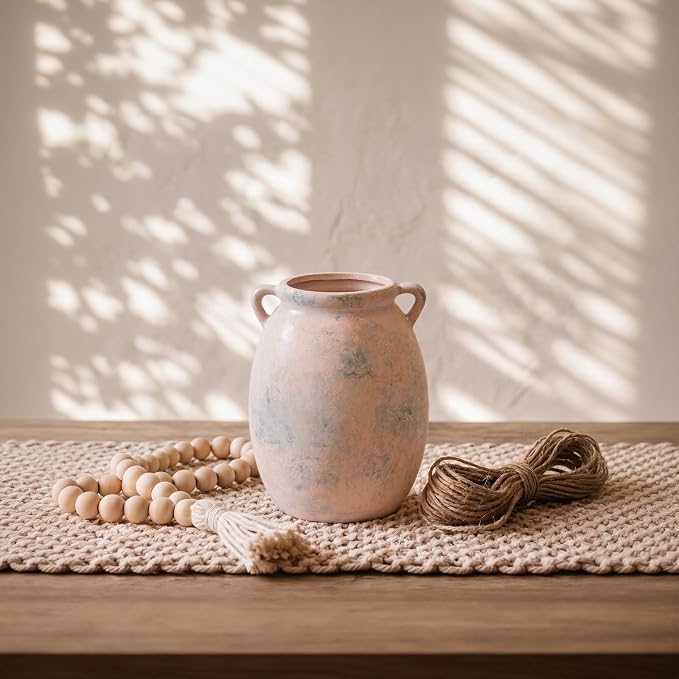 Rustic Ceramic Vase for Flowers 7.7", Terracotta Pottery Vase with Handles & Distressed Finish, Large Vintage Decorative Stone Clay Vases for Farmhouse Decor, Table Centerpiece, Fireplace Mantle
