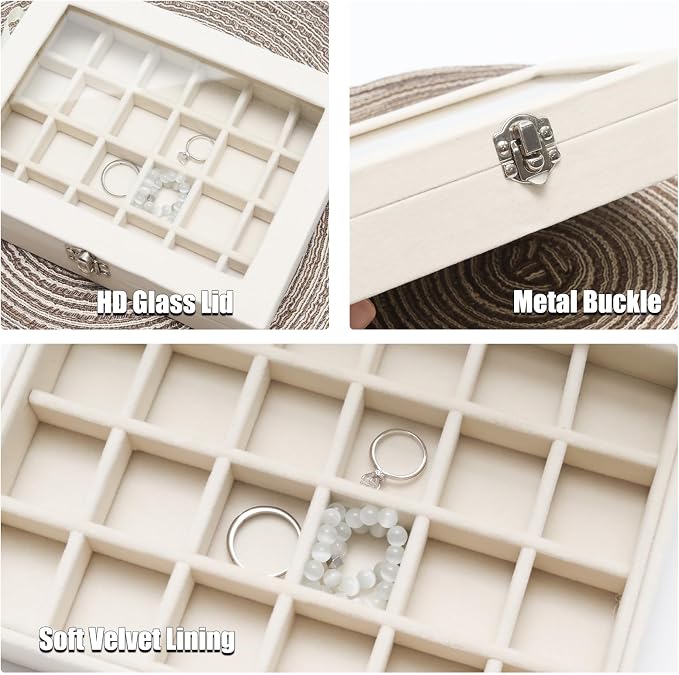 Small Velvet Jewelry Tray with Clear Lid, 24 Grids Beige | Lockable Ring Earring Holder Organizer Storage Box Case Jewelry Box Organizer for Rings Earrings Bracelets Brooches