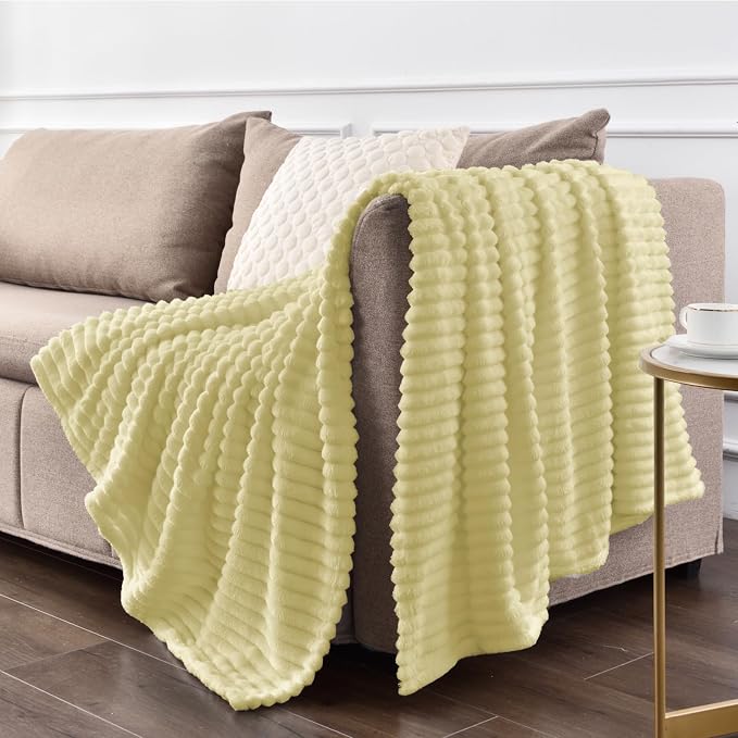BEDELITE Ribbed Transparent Yellow Fleece Twin Blanket for Bed, 60x80 Inch | Soft Warm Decorative Fluffy Blanket, Cozy Plush Lightweight Fuzzy Throw Blanket for Couch Sofa Room Decor, Gift for Women