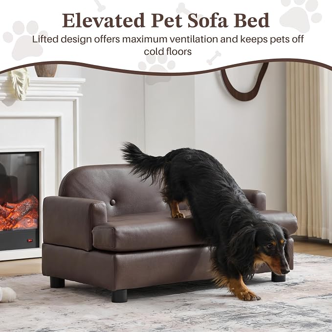 Luxury Dog Sofa Bed Elevated Pet Couch with Durable Waterproof Leather | Dog Couch with Orthopedic Sponge, Modern Furniture Style Dog Lounge & Pet Bedside Step, for Small/Medium Dogs/Cats, Gray