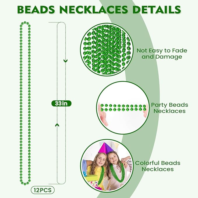 SHAOQINLIN 12 PCS St. Patricks Day Bead Necklace, 33" Green Mardi Gras Beads Christmas Necklaces Irish Saint Patrick's Necklaces for St. Patricks Day Mardi Gras Parade Throws Birthday Party Favors