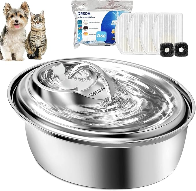 ORSDA Cat Water Fountain Stainless Steel, 3L Automatic Pet Drinking Fountain for Cats Inside, Dog Water Dispenser with Adjustable Water Flow and 6 Replacement Filters for Cats, Dogs (D60)