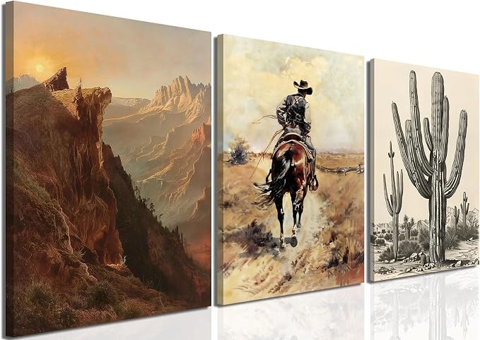 Western Cowboy Wall Art Set of 3, Vintage Southwestern Wall Decor Painting, Western Ranch Desert Farmhouse Poster Canvas Prints Aesthetic Pictures for Bathroom Bedroom Living Room Framed 12x16 inch