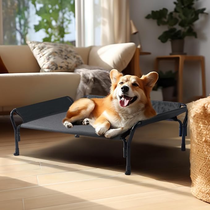 Veehoo Cooling Elevated Dog Bed, Raised Dog Cot with Guardrail & Headrest | Washable Dog Couch Bed for Indoor & Outdoor, Durable Breathable Teslin Mesh, Non-Slip Feet, Medium, 39.5" x 28", Black