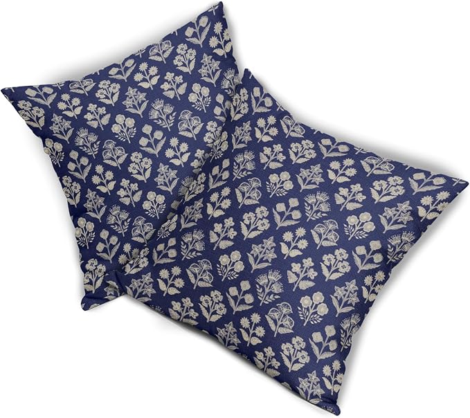 Navy Blue Floral Pillow Covers 22x22 Inch Set of 2, Vintage Flower Block Print Pattern Decorative Throw Pillowcases Outdoor Farmhouse Cushion Covers Spring Summer Rustic Sofa Couch Bed Decor