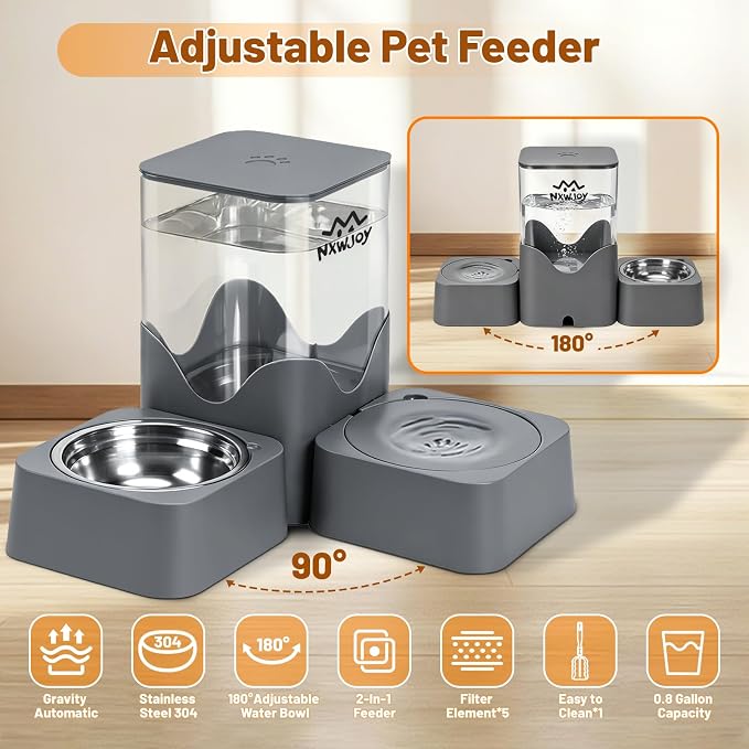 Automatic Dog Water Dispenser Gravity | 2 in 1 Gravity Cat Food Dispenser with 180 Degree Rotatable, Pet Self Feeding Large Capacity for Small Dogs Puppy Kitten