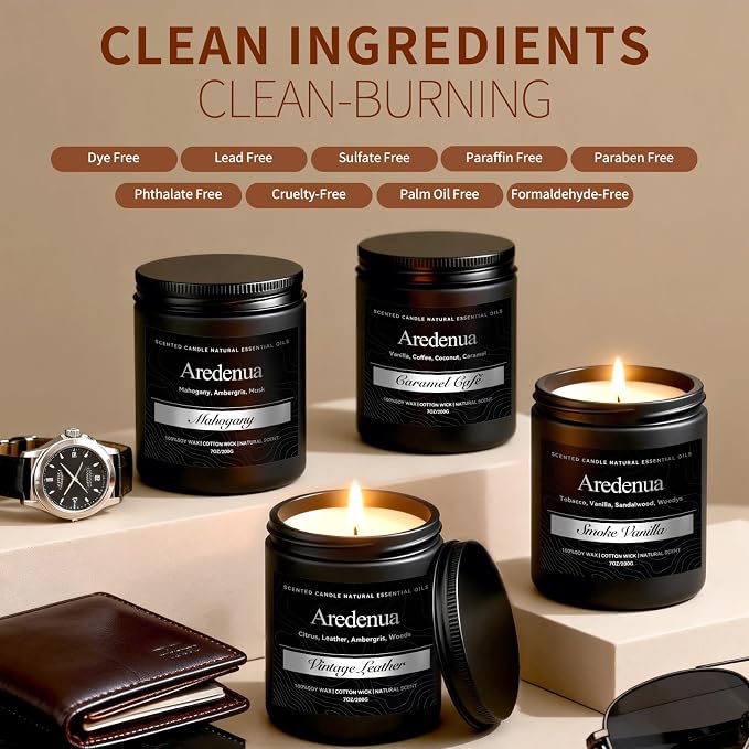 Men’s Candle Set for Men, 4 Pack Masculine Scented Candles – Vintage Leather, Smoke & Vanilla, Mahogany, Caramel Coffee – Soy Candles for Home, Gentlemen Candle Aromatherapy Gift for Him
