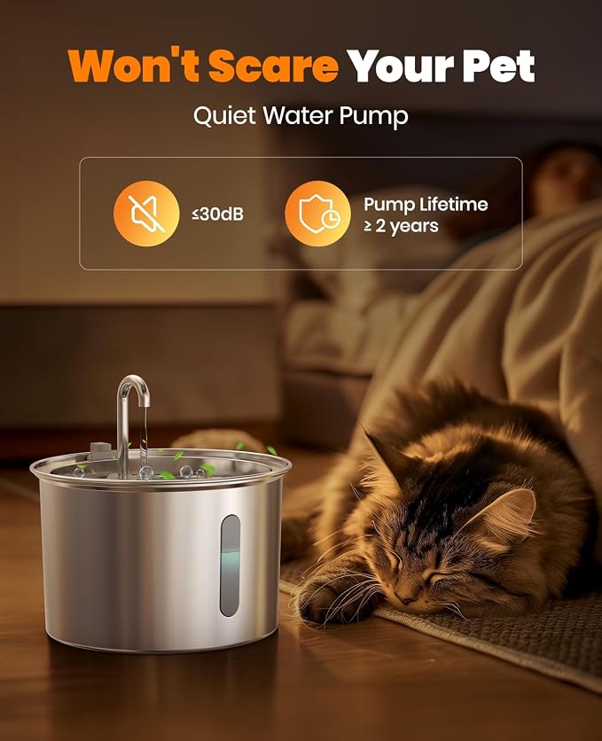 oneisall Stainless Steel Cat Water Fountain,PWF 001 | Quiet Pump＜30 dB, Faucet Spout Design, with 2 Replacement Filters for provide a fresh water