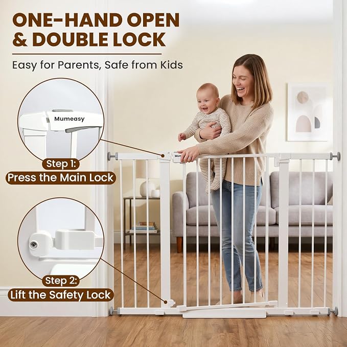 Mumeasy 29.7-48" Baby Gate for Stairs, Pressure Mounted Dog Gate for Doorways, Extra Wide Walk Thru Safety Pet Gate for Doors with Auto Close, Easy Install Child Gate for Hallway Indoor House, White