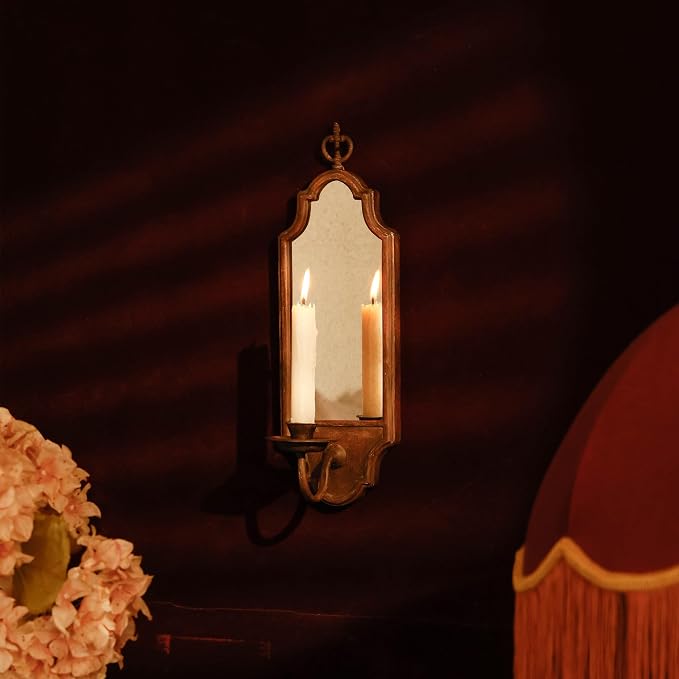 SOFFEE DESIGN Mirrored Wall Candle Holder - Antique Copper Sconce for Taper Candles, Elegant Hanging Decor
