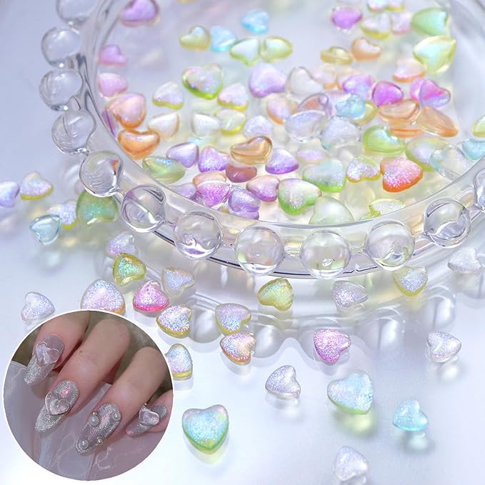 100PCS Mini Love Heart Nail Charms 3D Light Pink Heart Rhinestone Love Japanese Korean Super Sparkling Flat-Back Colorful Small Peach Hearts Resin Nail Accessories DIY Design for Acrylic Nails Decor