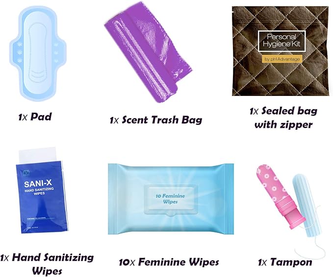 3 x Menstrual All-in-One Kits - Assorted Colors | Convenience on The Go | Single Period Kit Packs | Individually Wrapped Feminine Hygiene Products (Light Brown/Rainbow & Unicorns/Dark Brown)