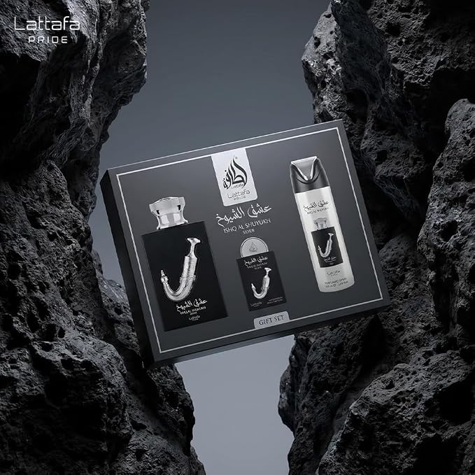 Lattafa Pride - Ishq Al Shuyukh Silver for Men - 3 Pc Gift Set 3.4oz EDP Spray, 6.67oz Perfumed Body Spray, 0.67oz EDP Spray