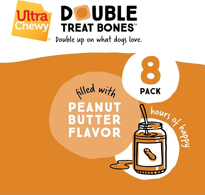 Ultra Chewy Double Treat Bones, Peanut Butter & Chicken, 2 Packs | Long-Lasting, Made in USA, Large and Small Breeds, Highly Digestible, Aggressive Chewers