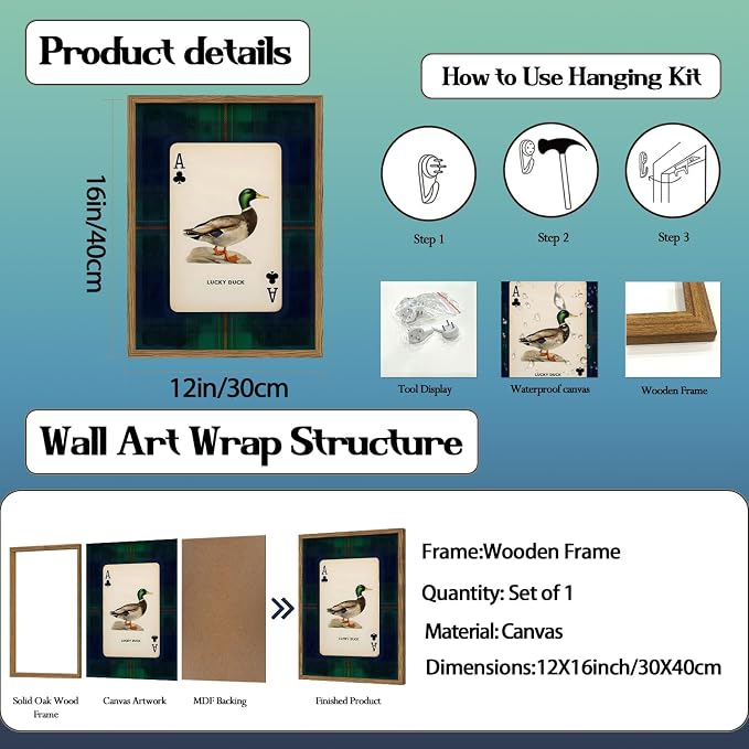 Vintage Mallard Duck Wall Art Cottage Core Hunting Lucky Duck Wall Decor Picture Dark Wildlife Playing Card Poster Canvas Print Painting for Farmhouse Bedroom Living Room 12x16 inch Wood Framed