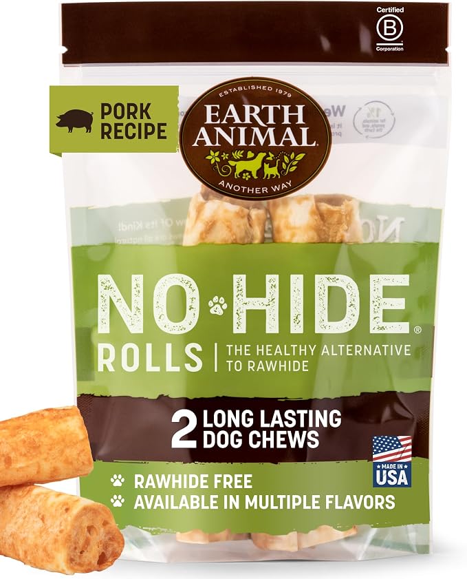 Earth Animal No Hide Dog Chews - Rawhide Free Medium Rolls 2 Count Pork | Medium Pork Flavored Natural Rawhide Free Long Lasting Dog Chews - Treats for Medium Dogs and Aggressive Chewers