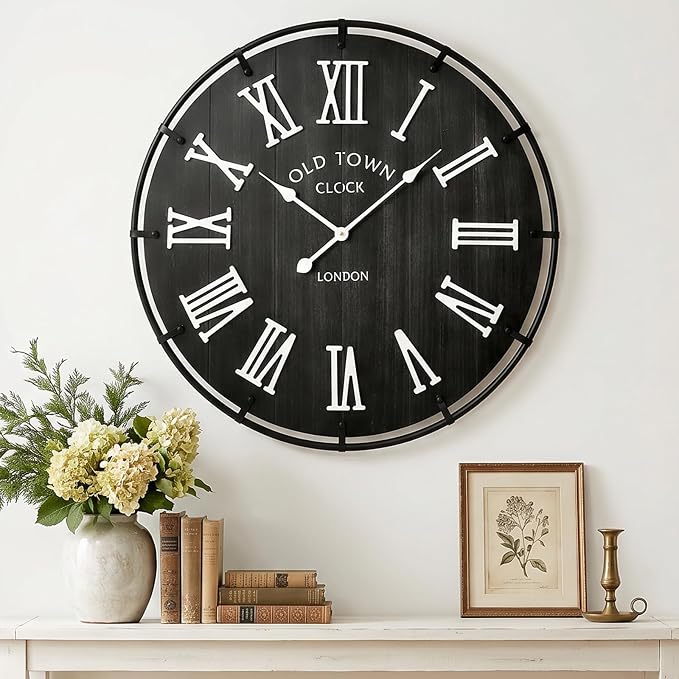 EMAX HOME Inch Large Black Wall Clock, Rustic Distressed Wooden Dial with 3D White Roman Numerals, Silent Sweep Movement, High Contrast Farmhouse Decor for Bedroom, Kitchen, or Dining Room.