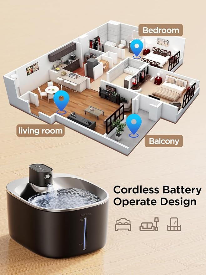 FEELNEEDY Wireless Cat Water Fountain Battery Operated, 4L/135 fl oz Pet Water Fountain for Cats and Dogs with Motion Sensor, Ultra Quiet Cat Drinking Fountain with 2 Filters (Black YPD-C004P)