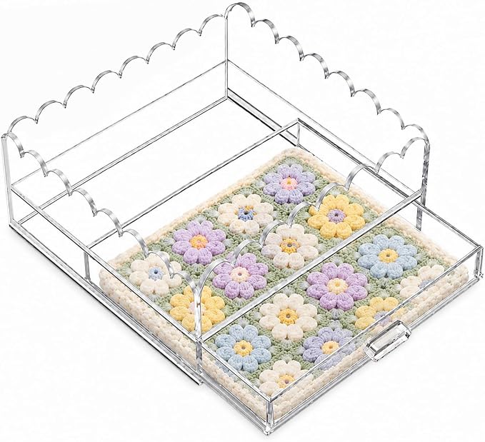 Scalloped Acrylic Tray, 9" x 9" Clear Acrylic Tray with Drawer for Needlepoint,Jewelry,Insert Photos, Art, Fabric, Napkin and Messages Display Basket, Decorative Tray Gift for Home Decor