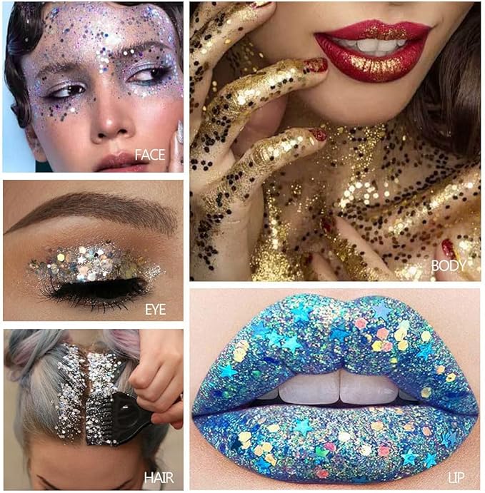 Body Glitter Stick,Mardi Gras Accessories,Sparkling Face Hair Glitter,Mermaid Sequins Chunky Glitter Face Paint,Singer Concert Outfit Festival Rave Accessories for Women and Kids (#5+7)