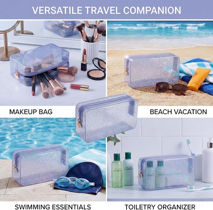 RSRSLEII Stardust Twinkle Jelly Travel Makeup & Toiletry Bag, Waterproof PVC Cosmetic Bag/Case for Women，Zipper SPF Beach Bag for Sunscreen Skincare and Daily Essentials (06Silver-Large)