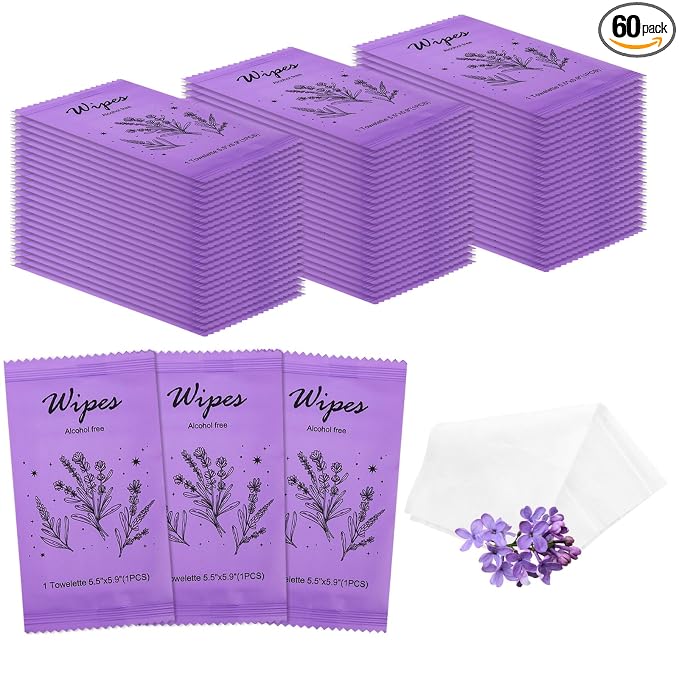 Individual Hand Wipes Wet Wipes Travel Size,Wet Wipes Individually Wrapped | 60PCS Bulk Cleansing Travel Size Wipes for Wedding Travel Restaurant Barbecue(Lavender)