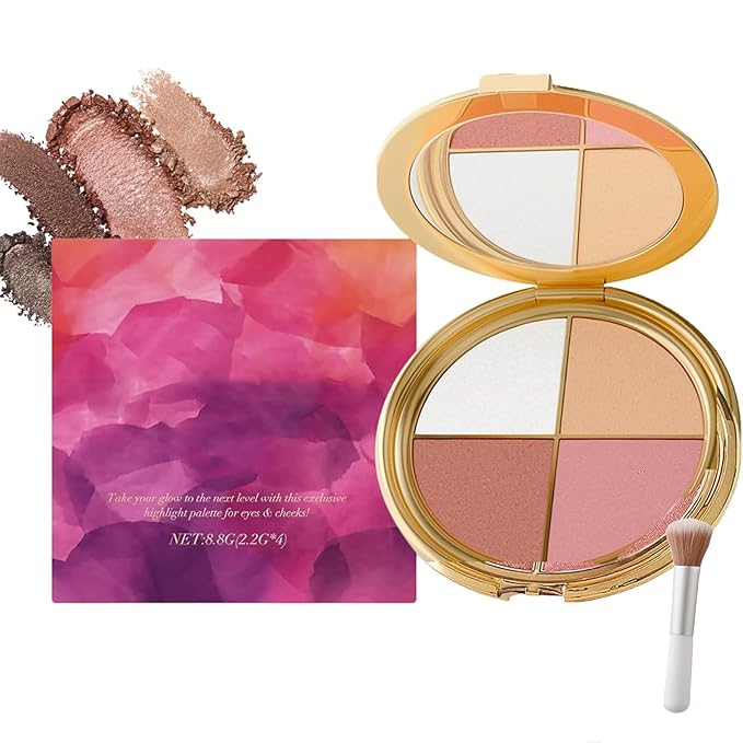 Eye & Cheek Palette - Eyeshadow and Highlighter Makeup (with Detachable Brush), Makeup Palettes Contour Kit, Shimmer Glow Face Highlighter Palette for Women Face, Natural Glow Contour Powder (1pcs)