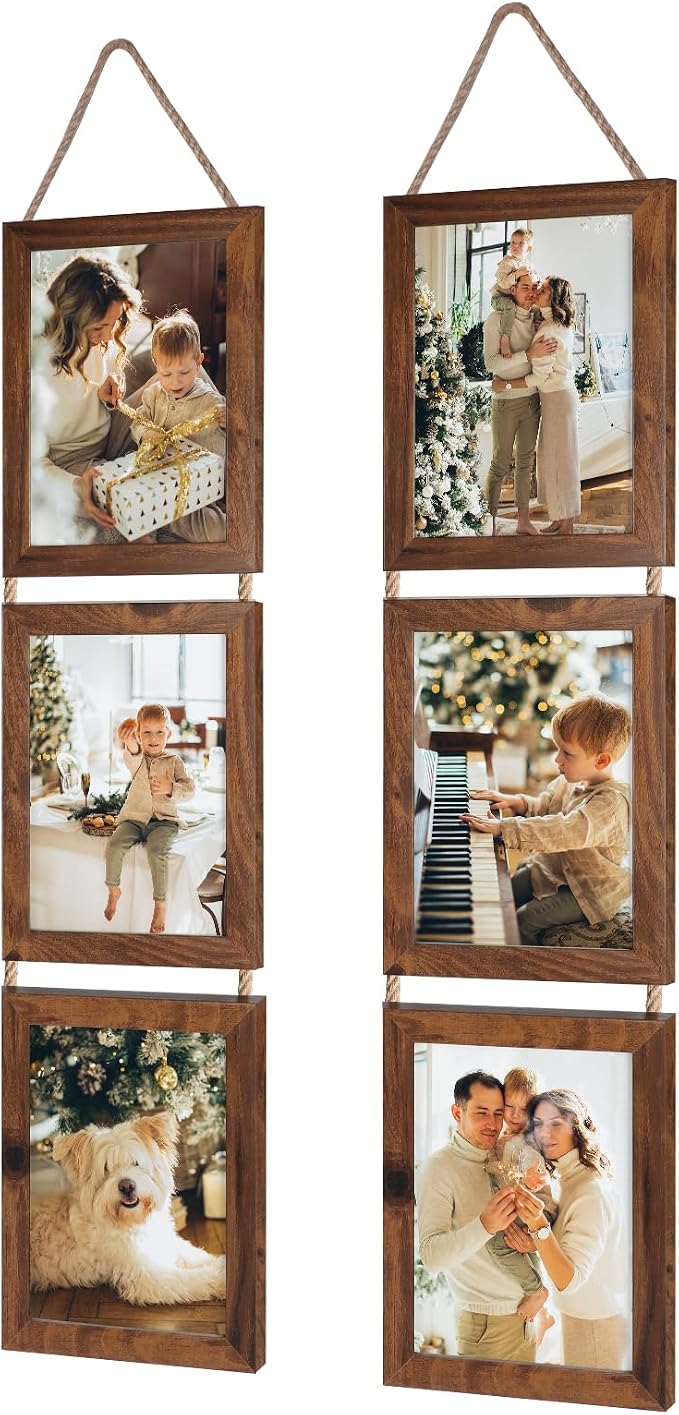 QUTREY 5x7 Collage Picture Frames, 6 Openings Hanging Photo Frame Set Display Vertical 5 by 7 inch Pictures for Wall Decor, Rustic Walnut Brown, 2 Pack