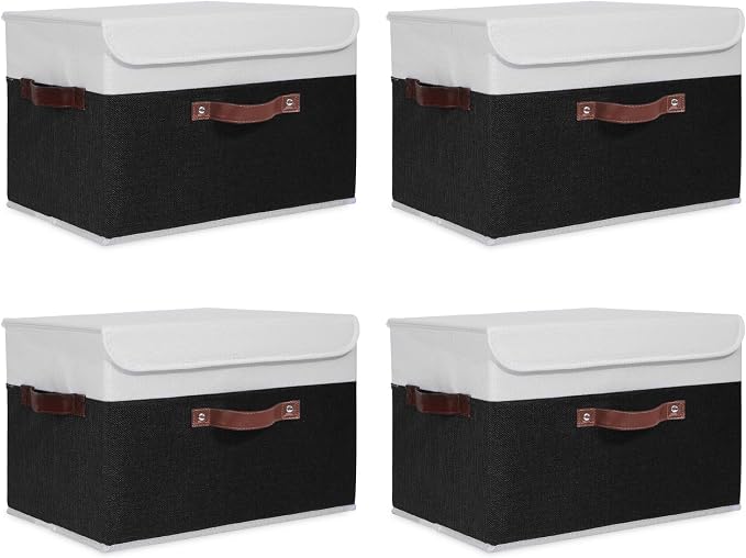 ANMINY Fabric Storage Box Bins with Lids, Black White, 15"x10"x10", 4 Pack | Keepsake Memory Storage, Cotton Linen, PP Board Reinforced, Washable, PU Handles, Foldable & Stackable, Decorative, Large