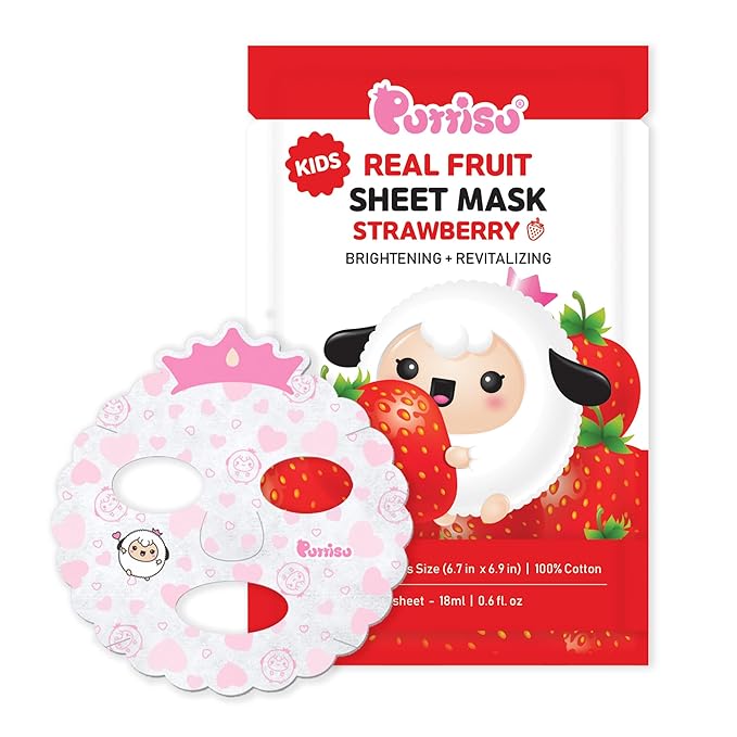 Puttisu Real Fruit Facial Mask Sheet for Kids, Children - Made with 100% Cotton, Moisturize, Sooths and Hydrates Skin (Strawberry- Pack of 14)