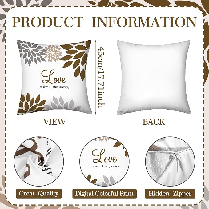 Tatuo 4 Pcs Flower Pillow Covers Square Summer Pillow Cushion Cases 18 x 18 Inch Family Faith Hope Love Words Decorative Spring Winter Cushion Case for Bed Couch Sofa Living Room(Dark Brown Series)
