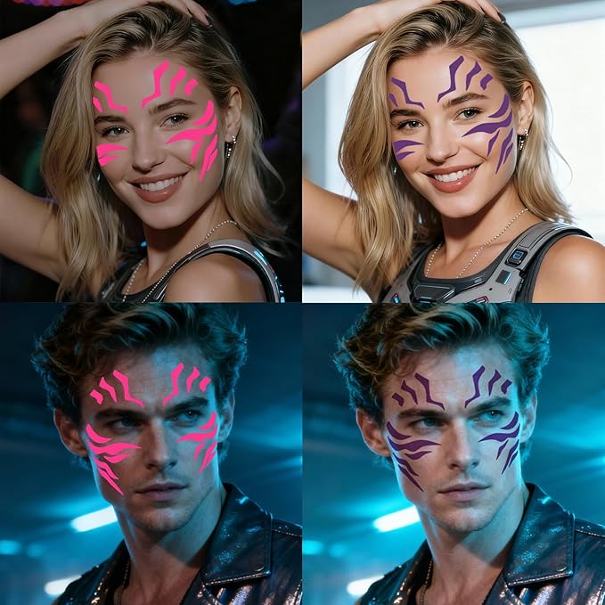 Temporary Tattoos For Men and Women - 12 Sheets Full Body Tattoos Stickers Waterproof Movie Cosplay Costume Accessories for Boys Girls Festival Party Rave Stage Makeup Decoration（Fluorescent）