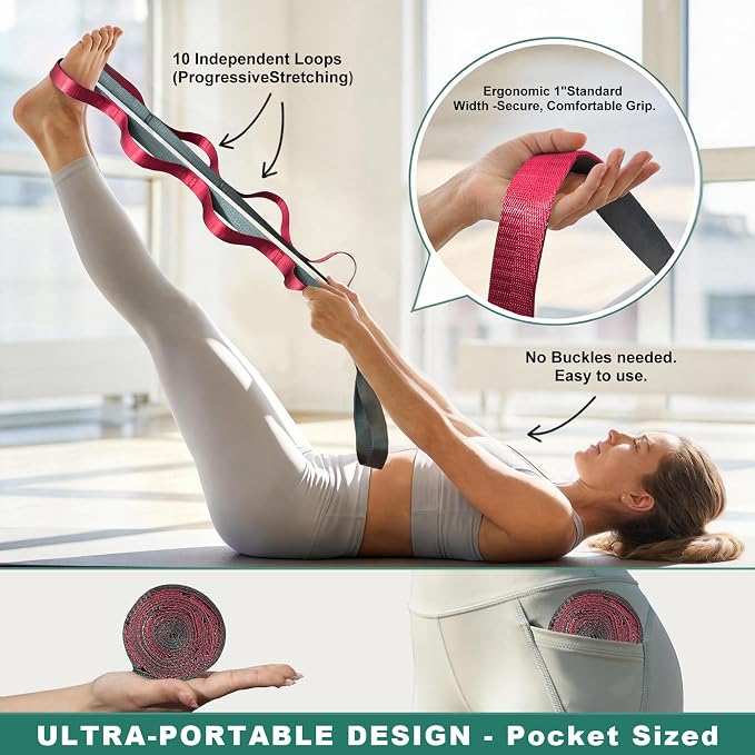 Acozycoo Stretching Strap with Loops,Non-Elastic Yoga Strap for Physical Therapy,Knee Replacement Recovery & Plantar Fasciitis,Leg Stretcher Band for Flexibility & Hamstring Rehab