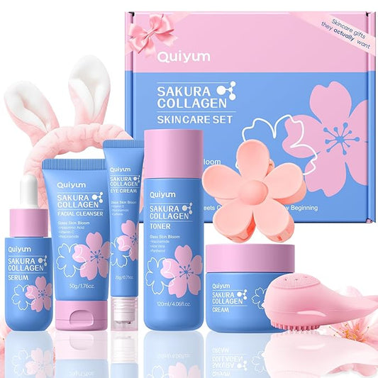 Sakura Collagen Skincare Set - 8-Piece Glass Skin Routine with Cleanser, Toner, Serum, Eye Cream, Moisturizer | Hydration, Firm, Glow for All Skin Types, Skin Care Gift Sets, for Mother's day