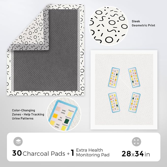 ZOMISIA Charcoal Puppy Pee Pads for Dogs Extra Large, 28"x34" 30 Counts + 1 Extra Health Monitoring Pad - XL Dog Potty Training Pads Disposable, Odor-Control, Super Absorbent Leak-Proof